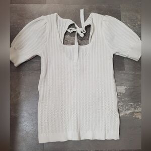 FRNCH Paris Elegant White Knit Short Sleeves Top. Partial Open Back. Bow. S.